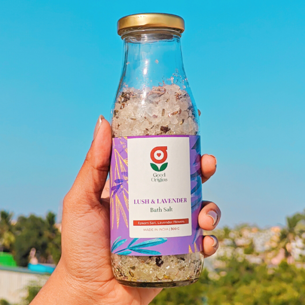 A jar of Lush & Lavender Bath Salt, a blend of Epsom salt, Himalayan salt, and lavender essential oil for relaxation.