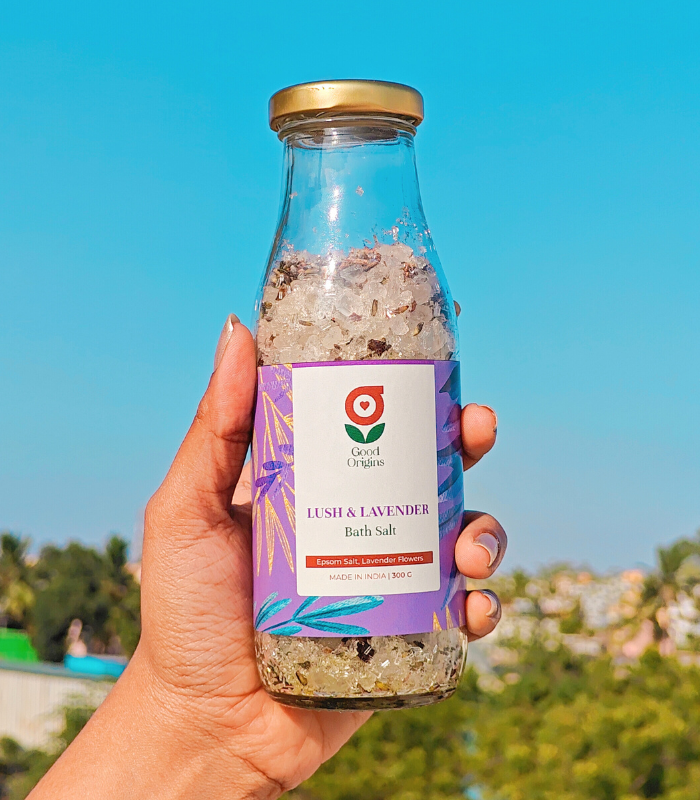 A jar of Lush & Lavender Bath Salt, a blend of Epsom salt, Himalayan salt, and lavender essential oil for relaxation.